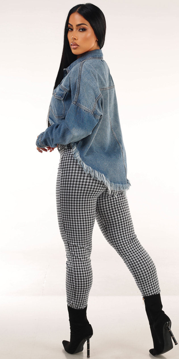 Denim White Plaid Pants Trio