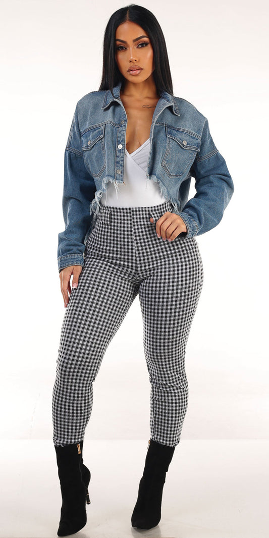 Denim White Plaid Pants Trio