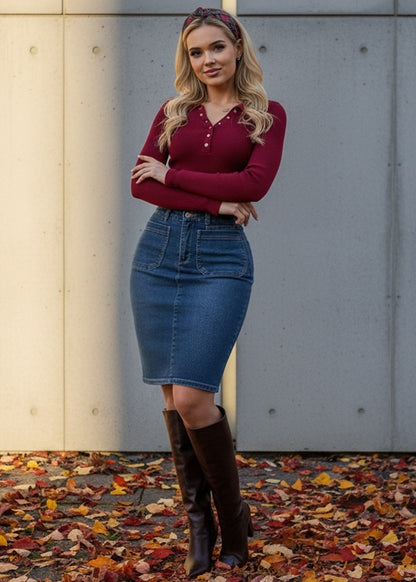 Long Sleeve Collared Rib Knit Sweater Top Burgundy