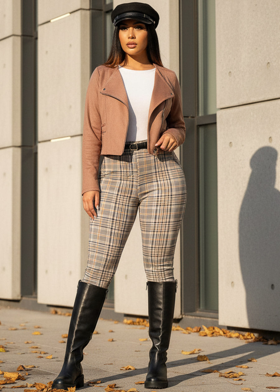 Butt Lift Stretchy Plaid Skinny Pants Beige