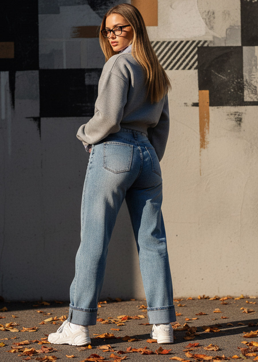 Stretchy High Waist Cuffed Wide Leg Jeans Acid Wash