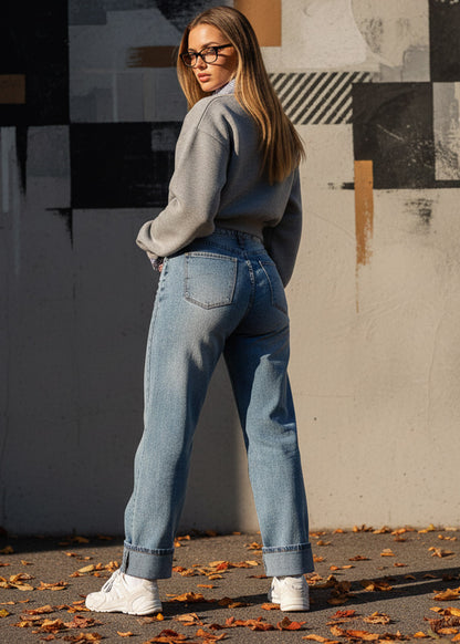 Stretchy High Waist Cuffed Wide Leg Jeans Acid Wash