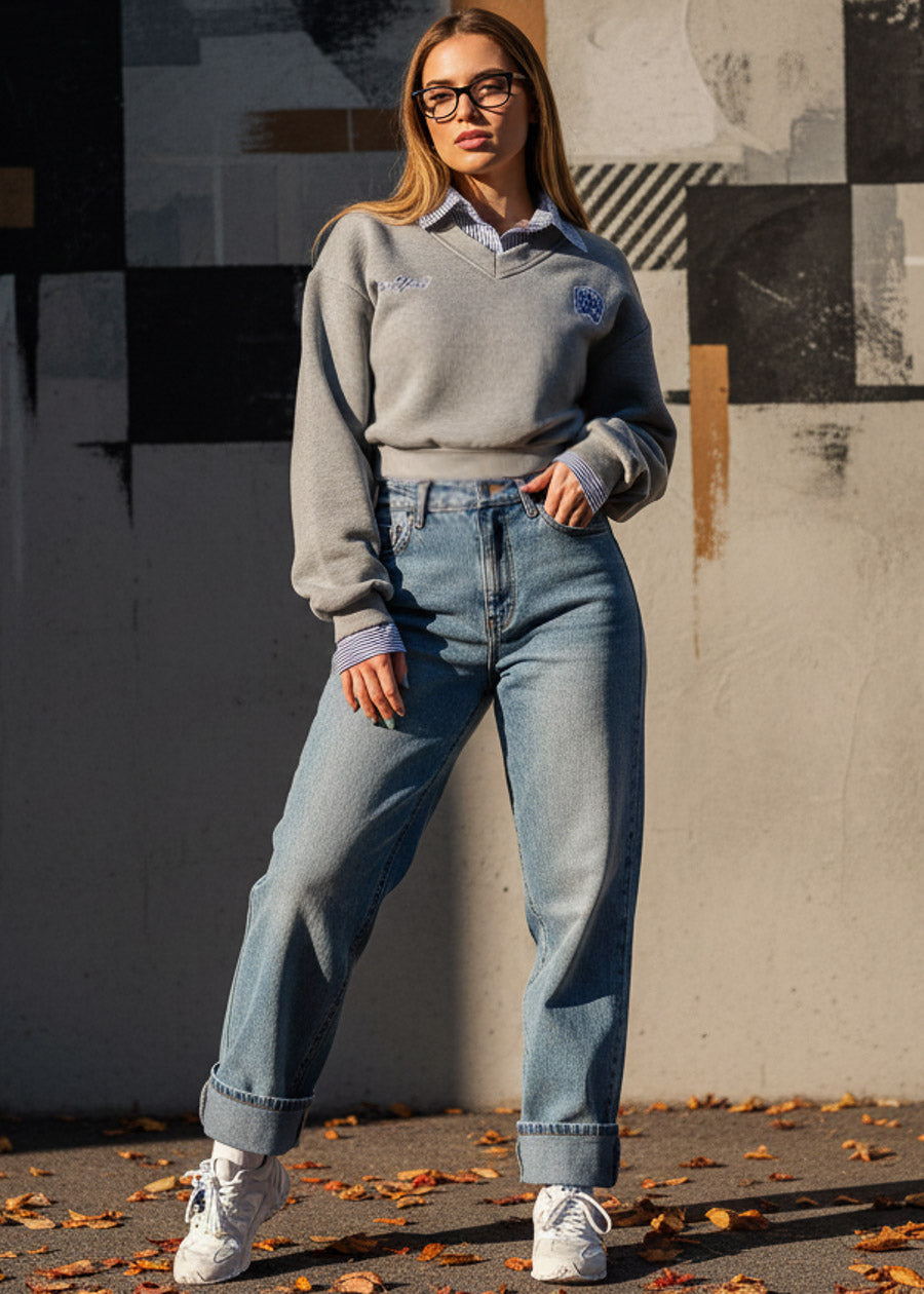 Stretchy High Waist Cuffed Wide Leg Jeans Acid Wash