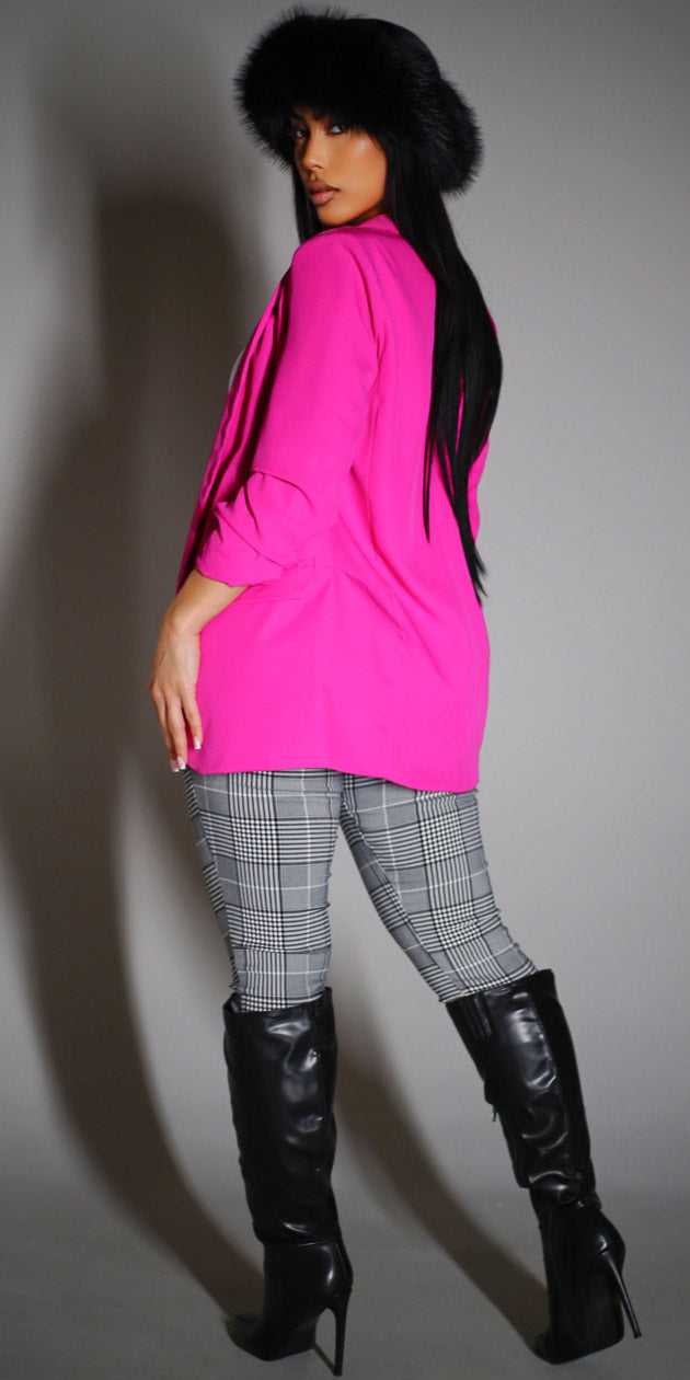 Fuschia Sleeveless Plaid Pants Trio