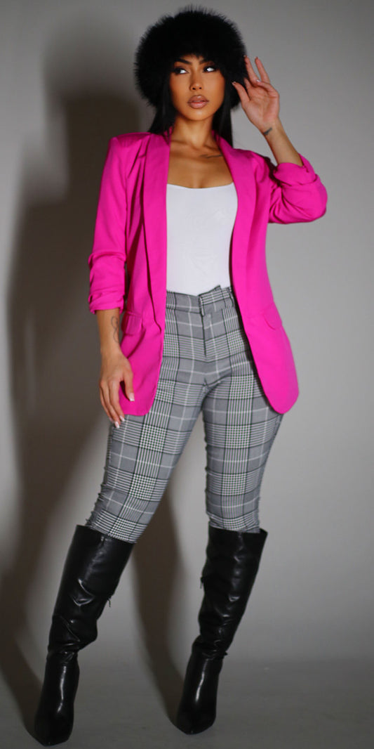 Fuschia Sleeveless Plaid Pants Trio
