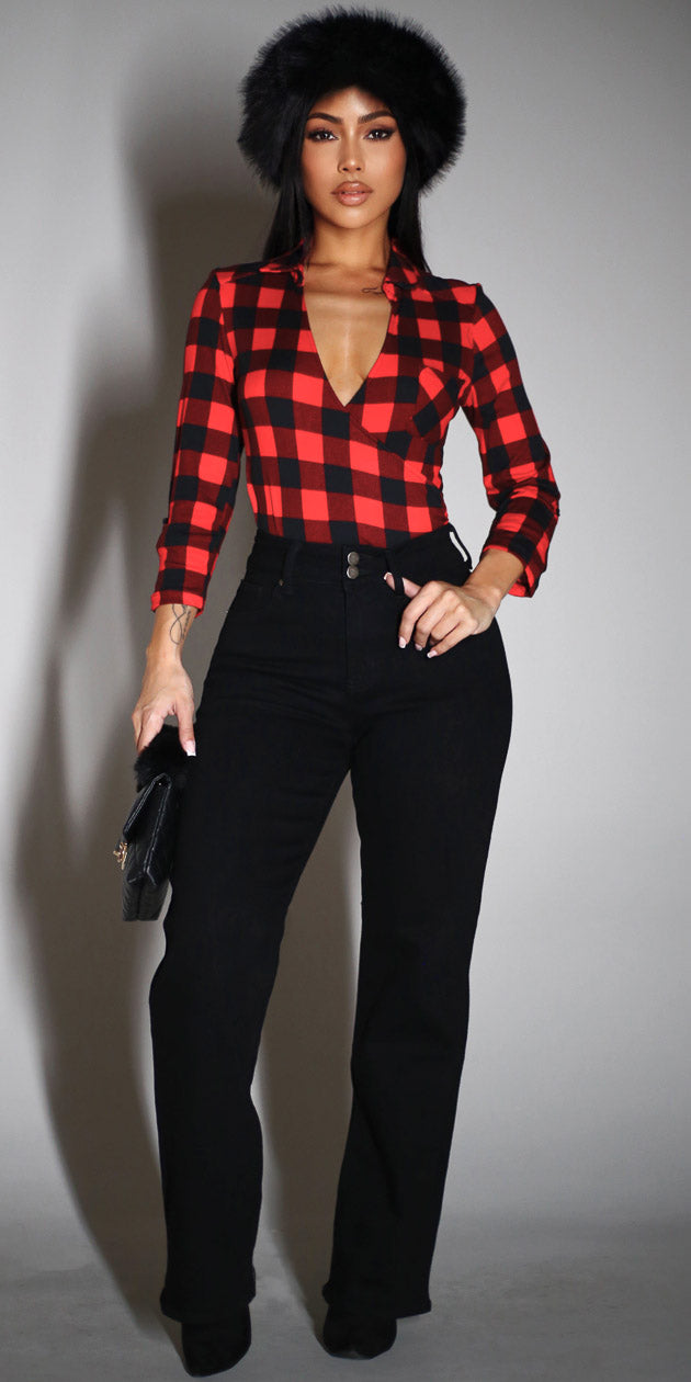 Plaid Wide Leg Jeans Combo
