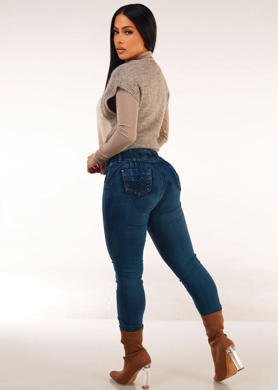 MX JEANS Butt Lifting Dark Acid Blue Skinny Jeans W Rhinestone Pockets