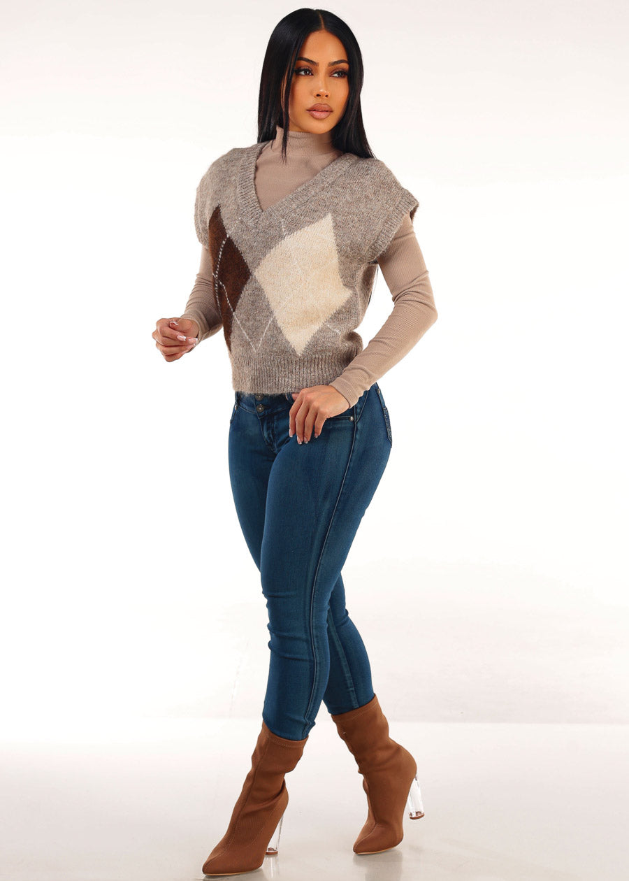 Sleeveless Vneck Knitted Sweater Vest Taupe