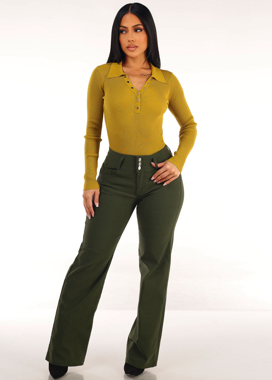 MX JEANS Butt Lift Hyper Stretch Straight Wide Leg Pants Olive