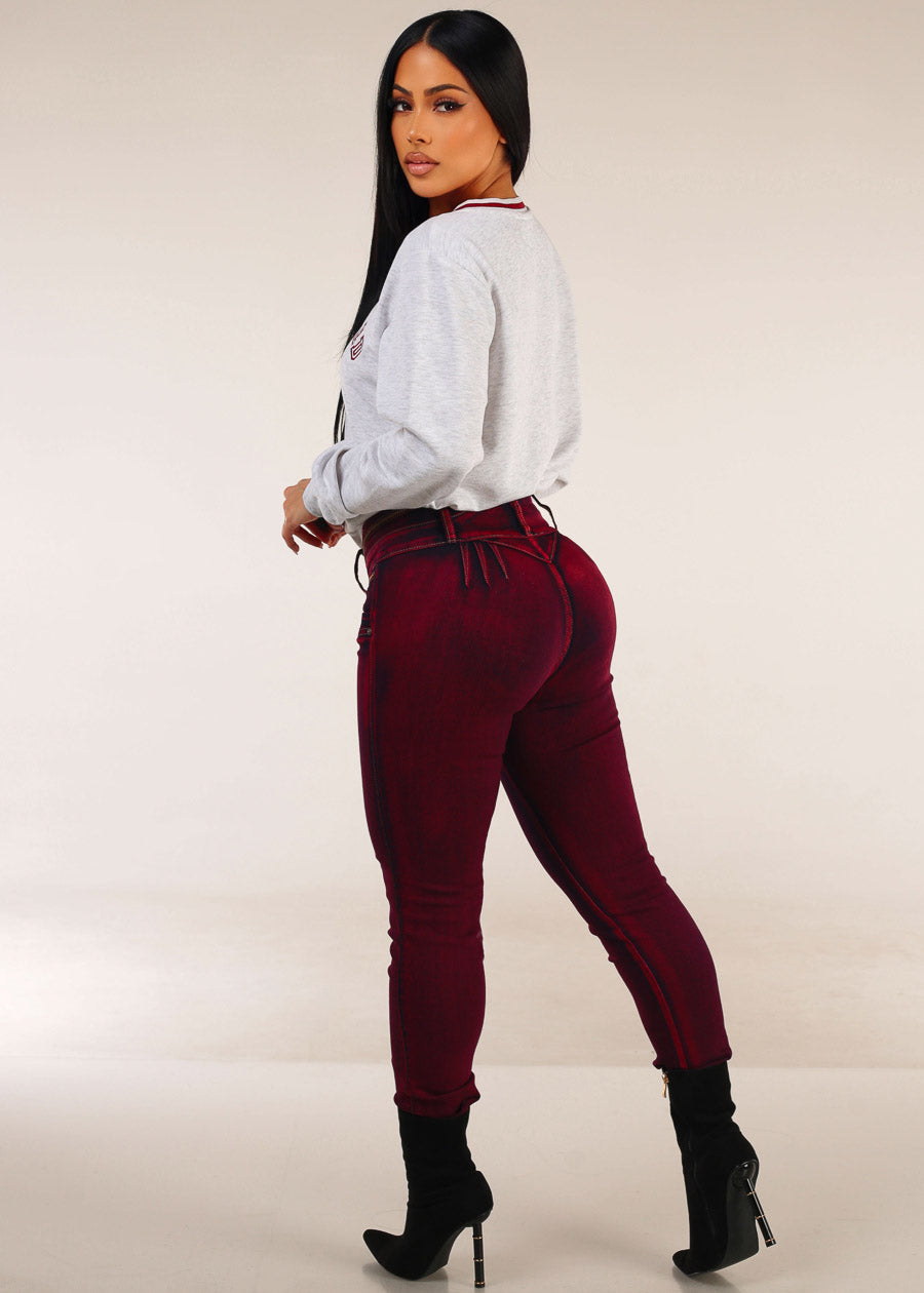 MX JEANS Butt Lifting Burgundy Acid Wash Skinny Jeans