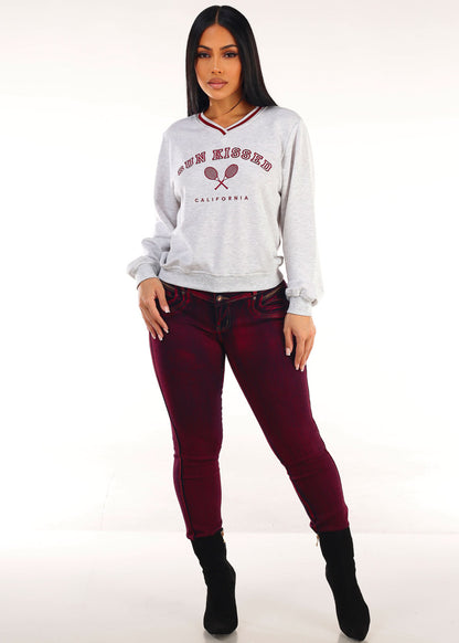 Stretchy Long Sleeve Vneck Graphic Sweatshirt Grey