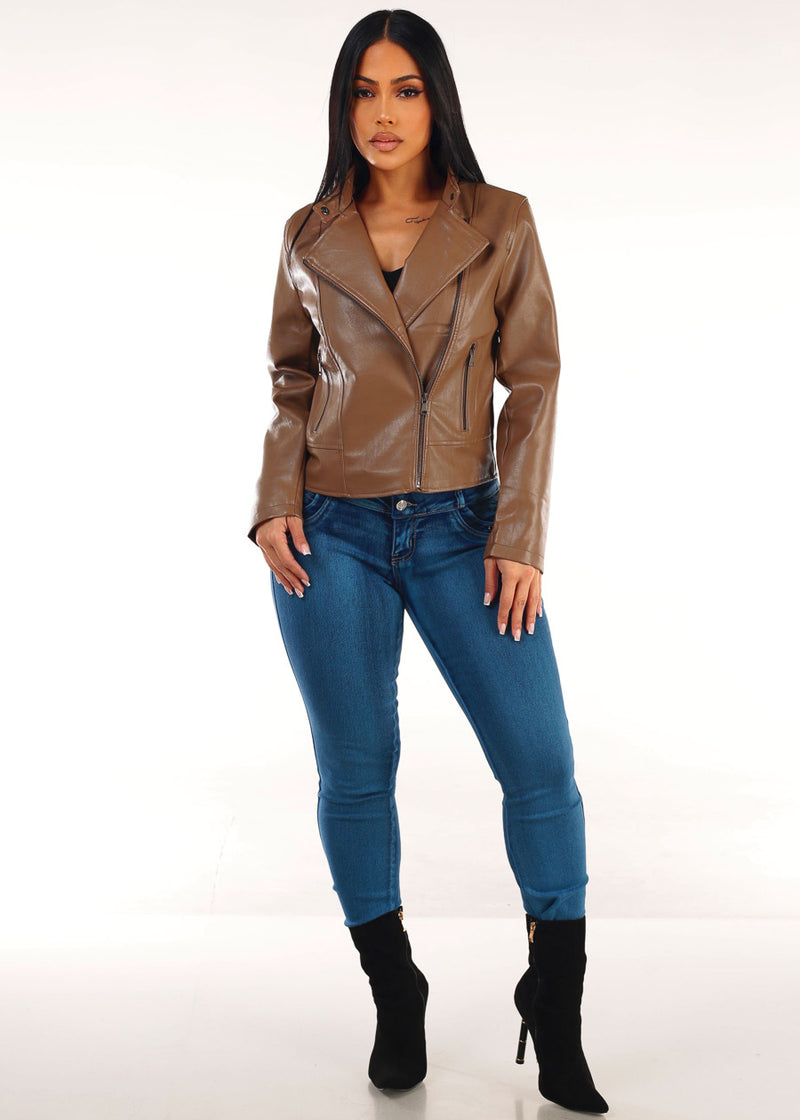 Zip Up Vegan Leather Moto Jacket Brown