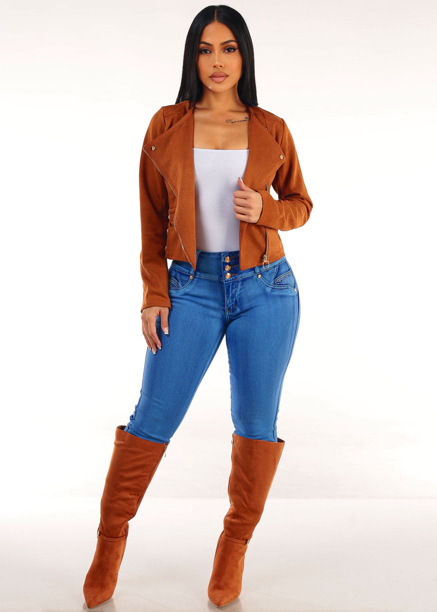 Long Sleeve Zip Up Suede Moto Jacket Camel