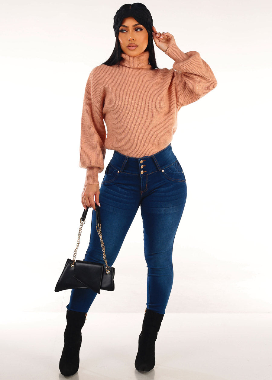 Long Sleeve Turtleneck Rib Knitted Sweater Blush