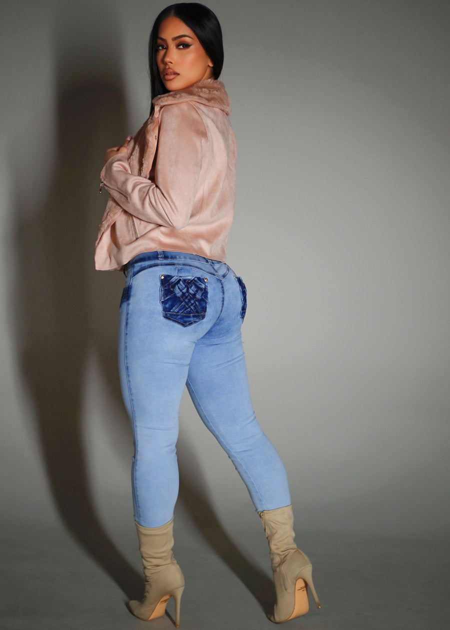 MX JEANS Light Acid Wash Butt Lift Mid Rise Skinny Jeans