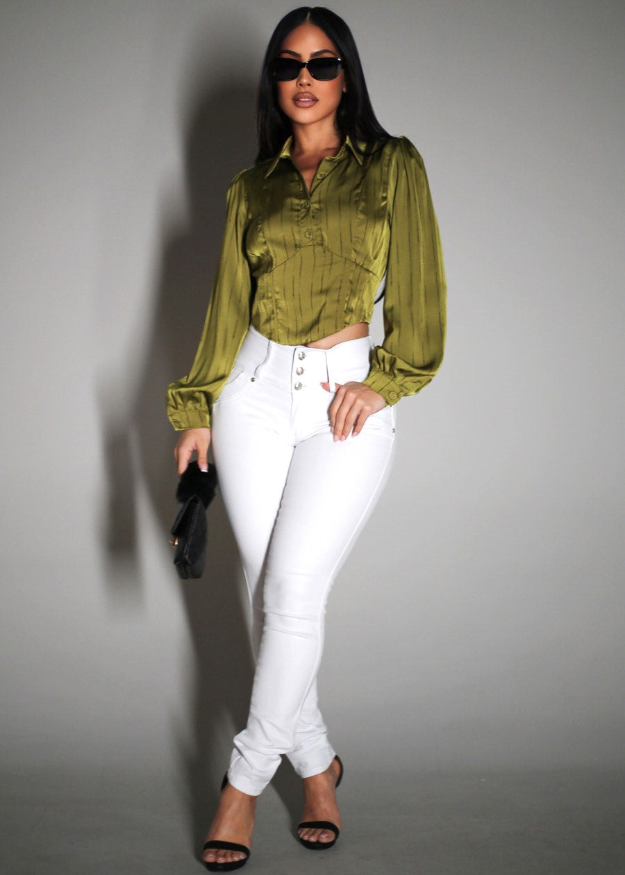 MX JEANS Braided Pocket Butt Lifting White Stretch Skinny Jeans