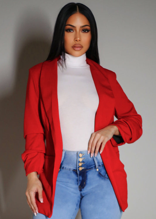 Quarter Sleeve Open Front Red Blazer
