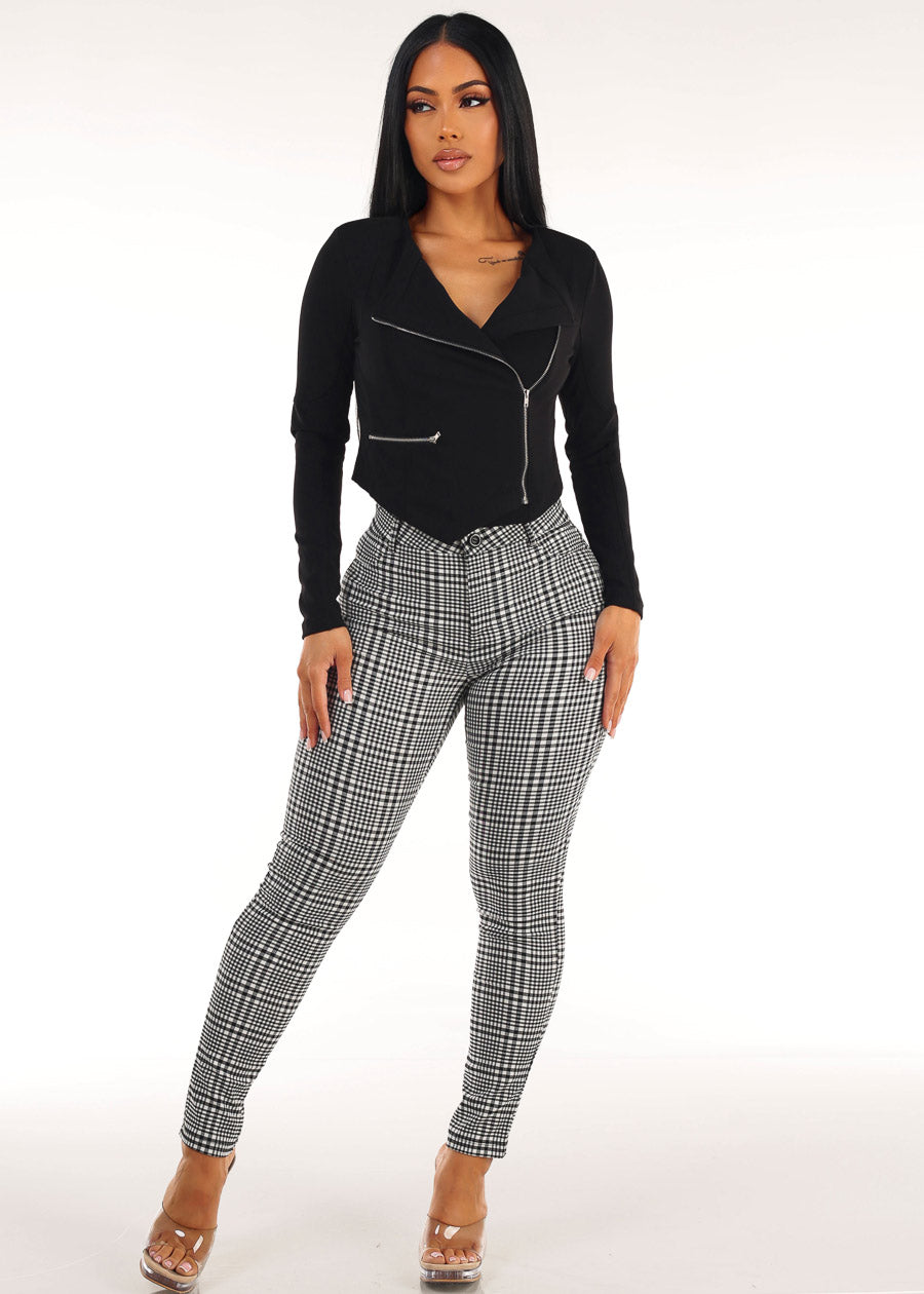 Black Ribbed Plaid Pants Trio