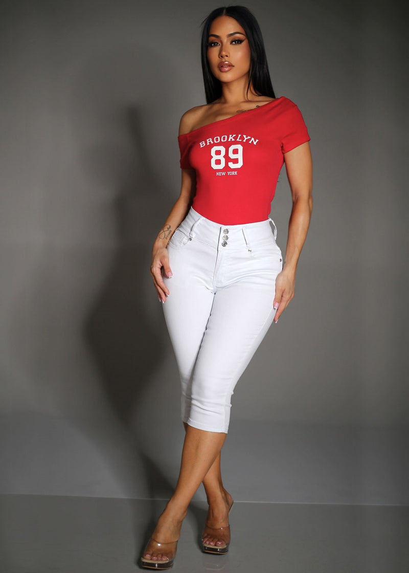 Red Butt Lift Denim Capris Combo