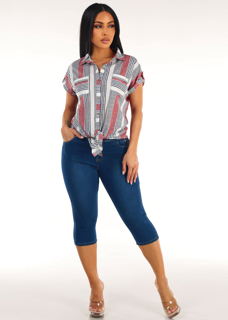 Stripe Butt Lift Denim Capris Set