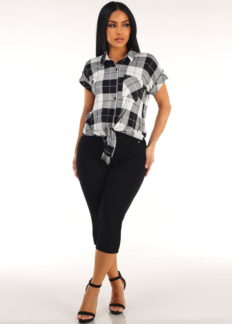 Plaid Butt Lift Denim Capris Outfit