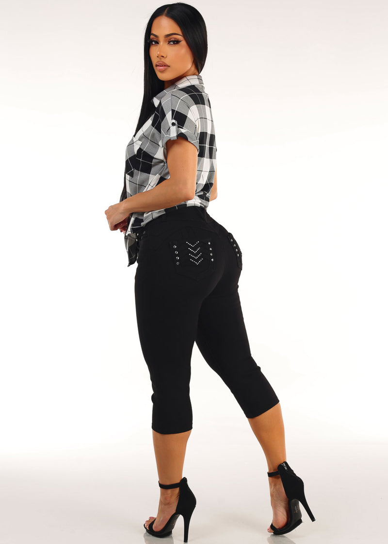 Plaid Butt Lift Denim Capris Outfit