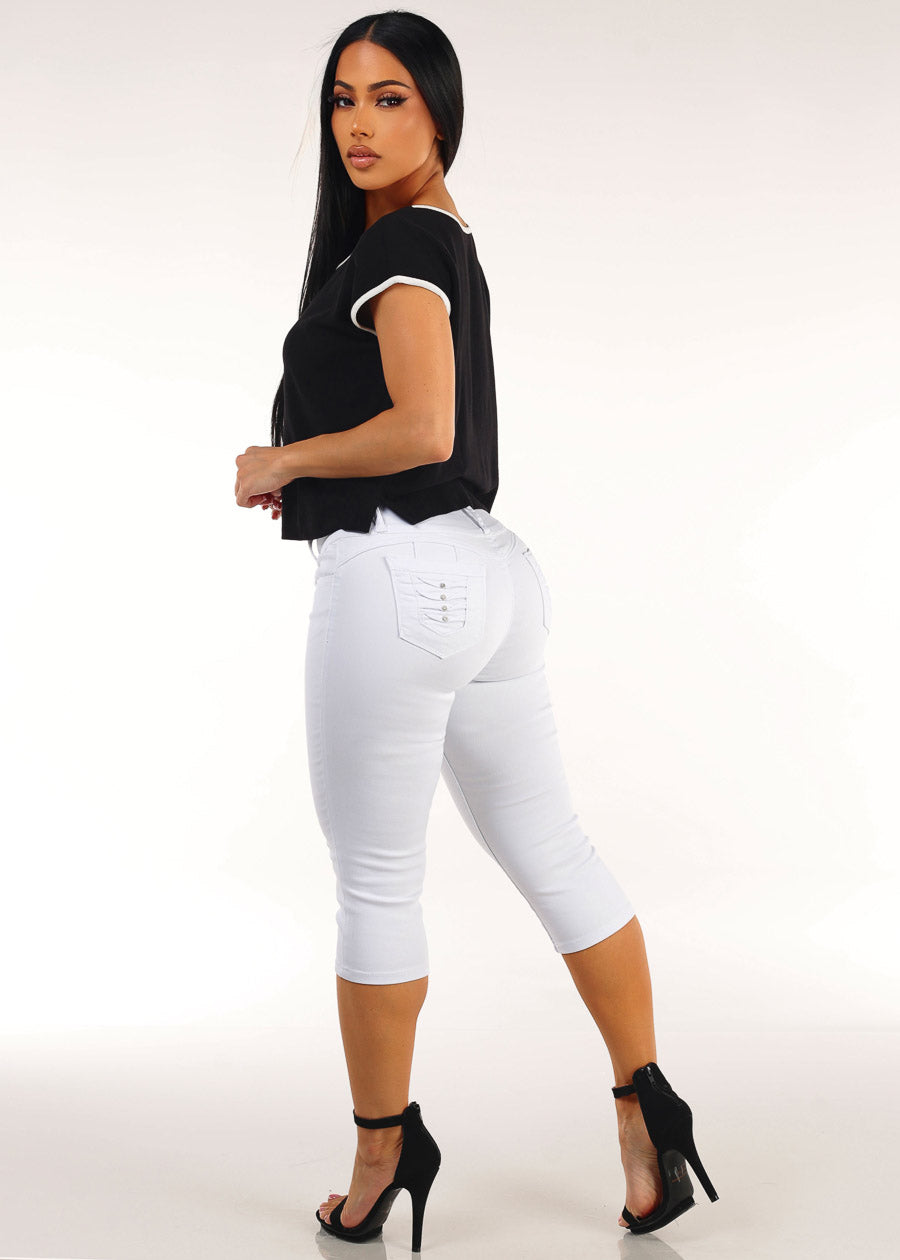 Linen Butt Lift Denim Capris Set