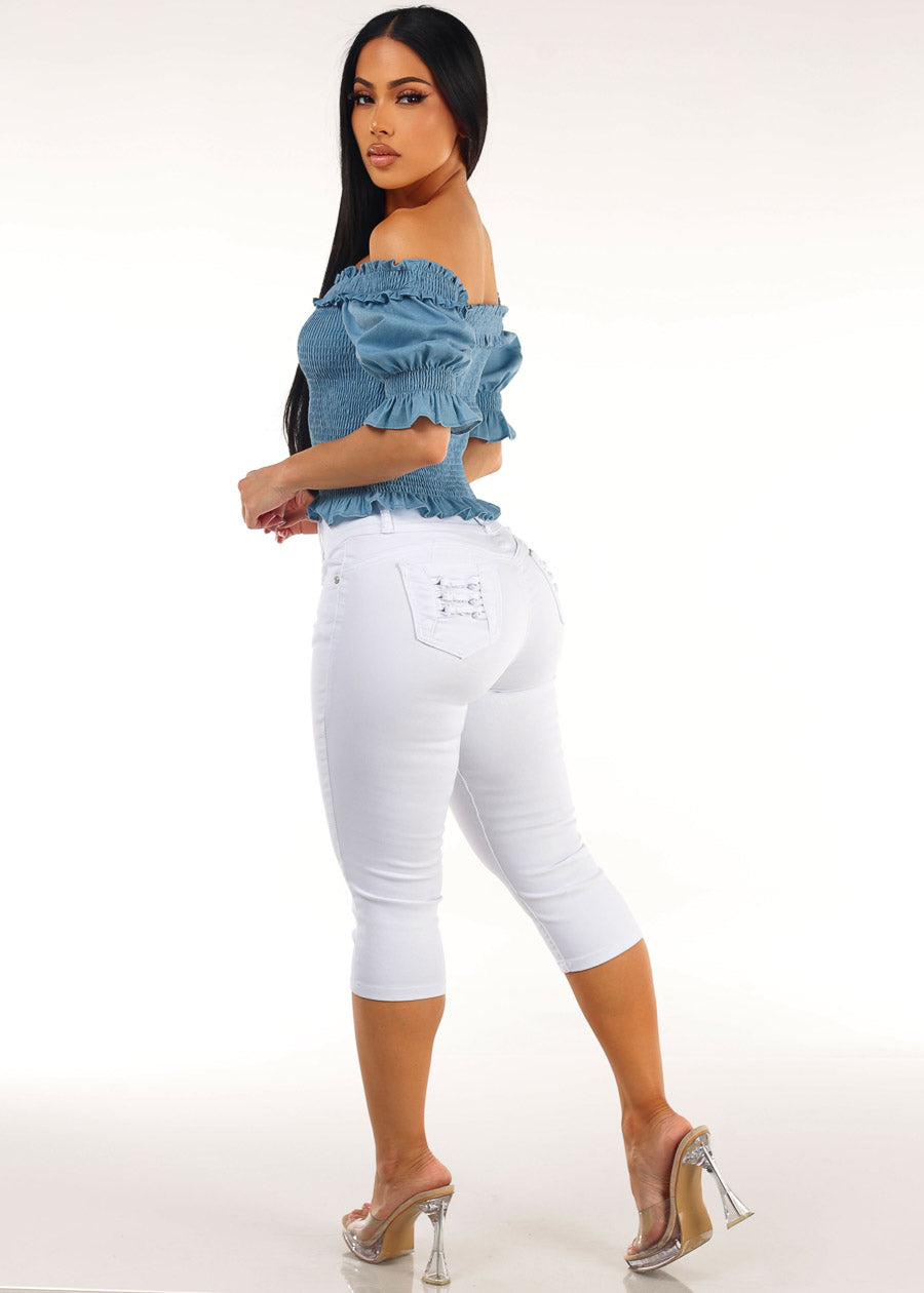 Blue Butt Lift Denim Capris Look