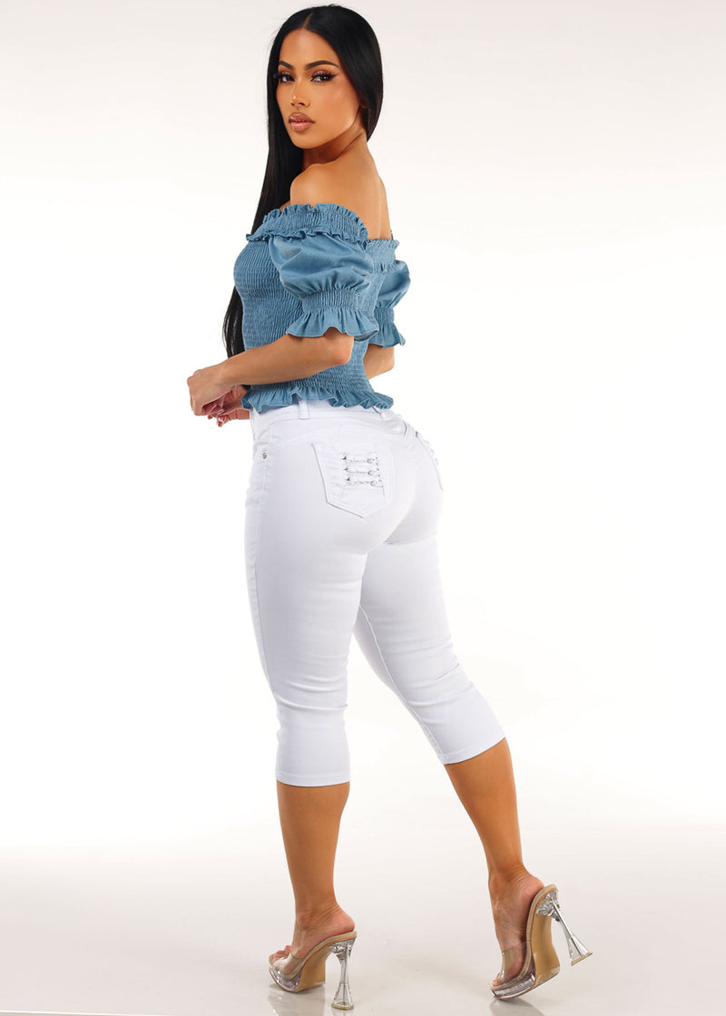 Blue Butt Lift Denim Capris Look