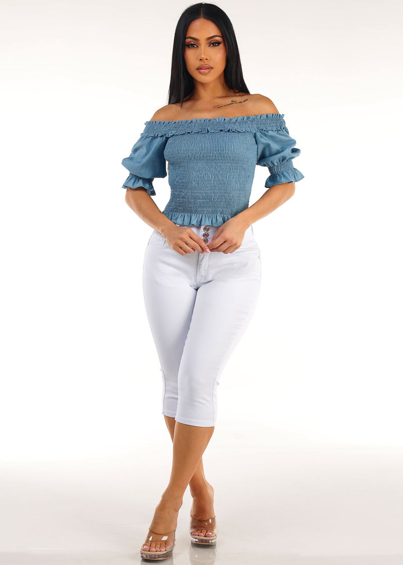 Blue Butt Lift Denim Capris Look