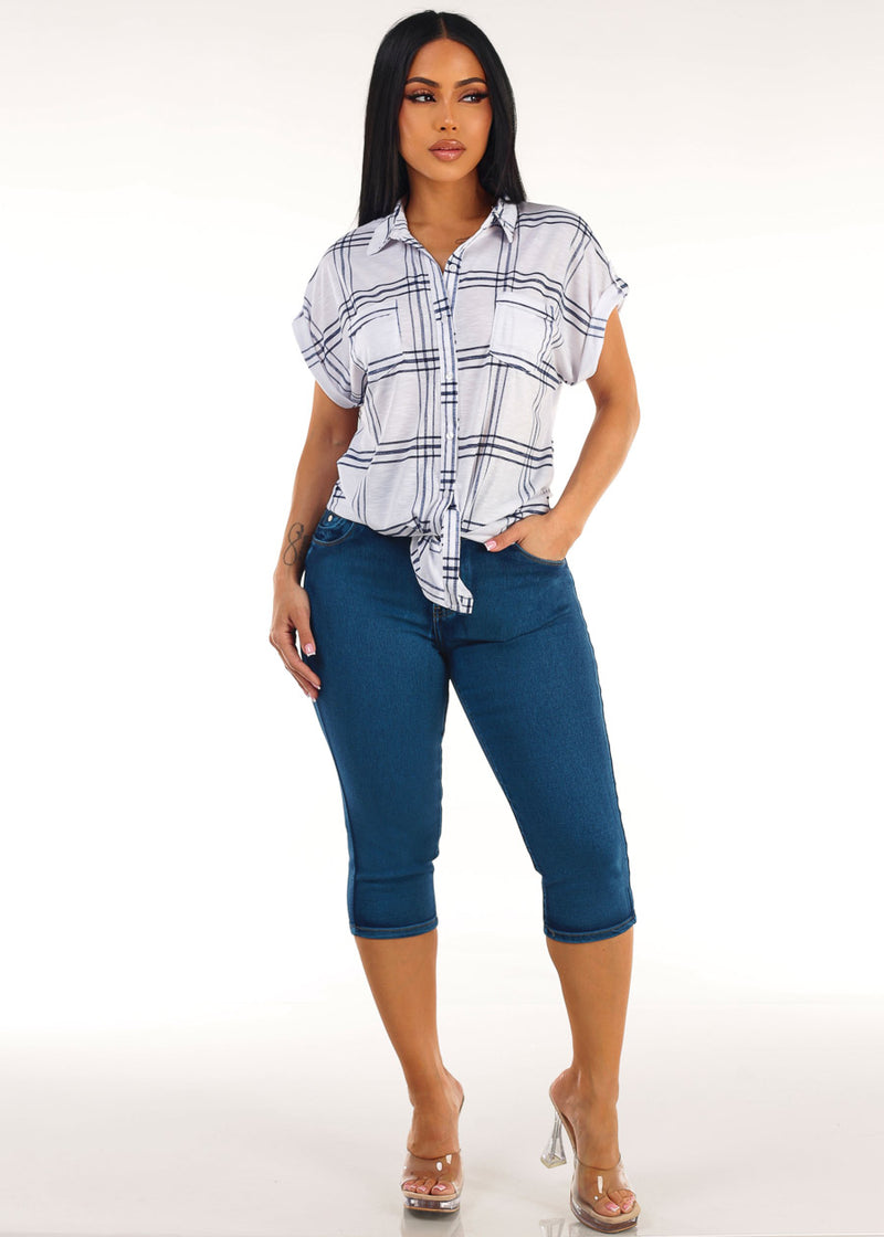 Plaid Butt Lift Denim Capris Combo
