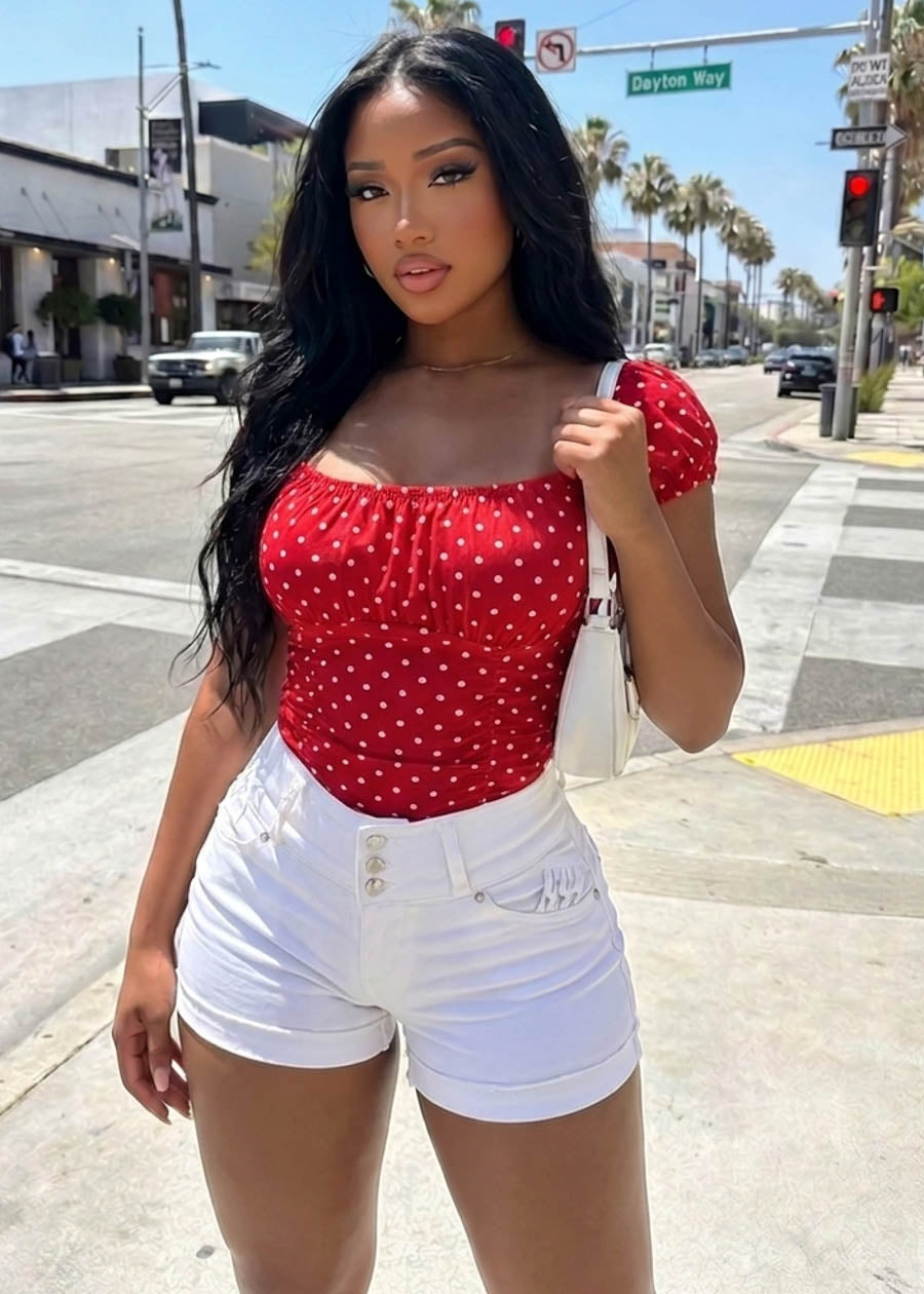 Short Sleeve Square Neck Stretch Polka Dot Blouse Red