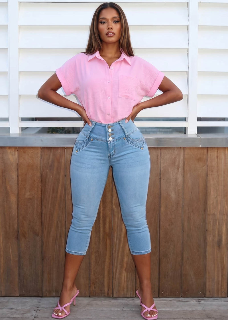 Short Sleeve Button Down Lightweight Blouse Pink