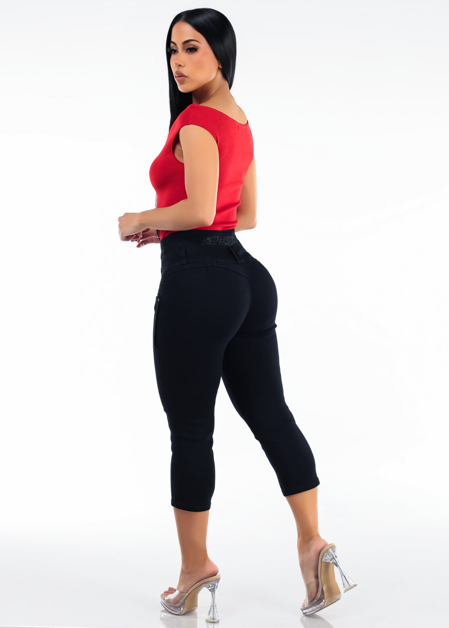 Red Levantacola Denim Capris Combo