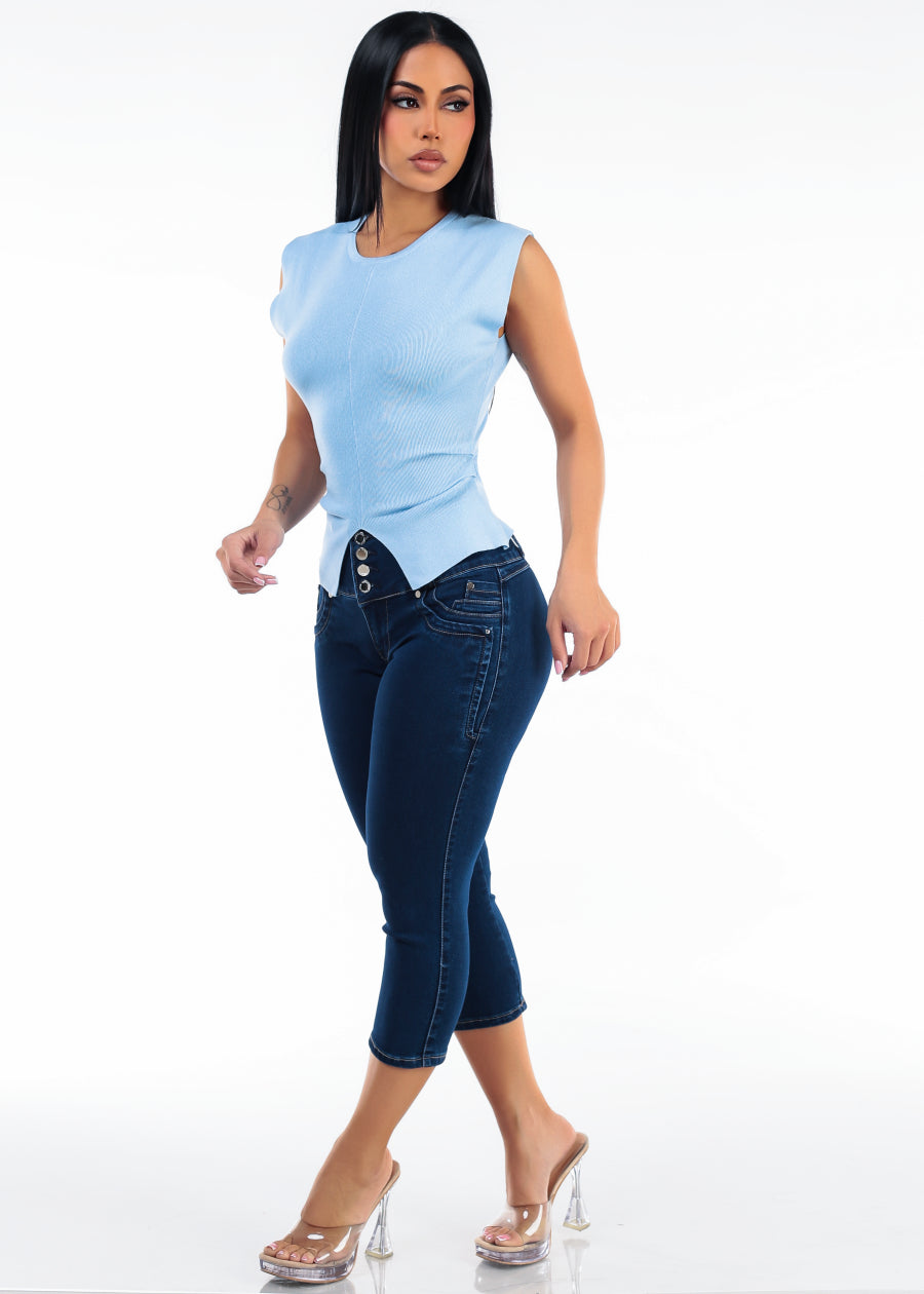Blue Butt Lift Denim Capris Set