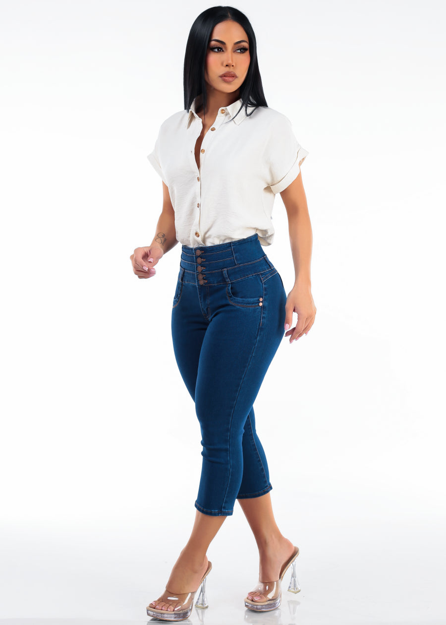 Beige Butt Lift Denim Capris Combo
