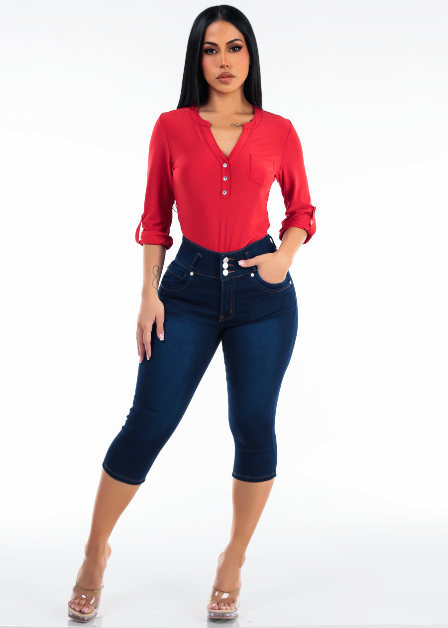 Red Butt Lift Denim Capris Outfit