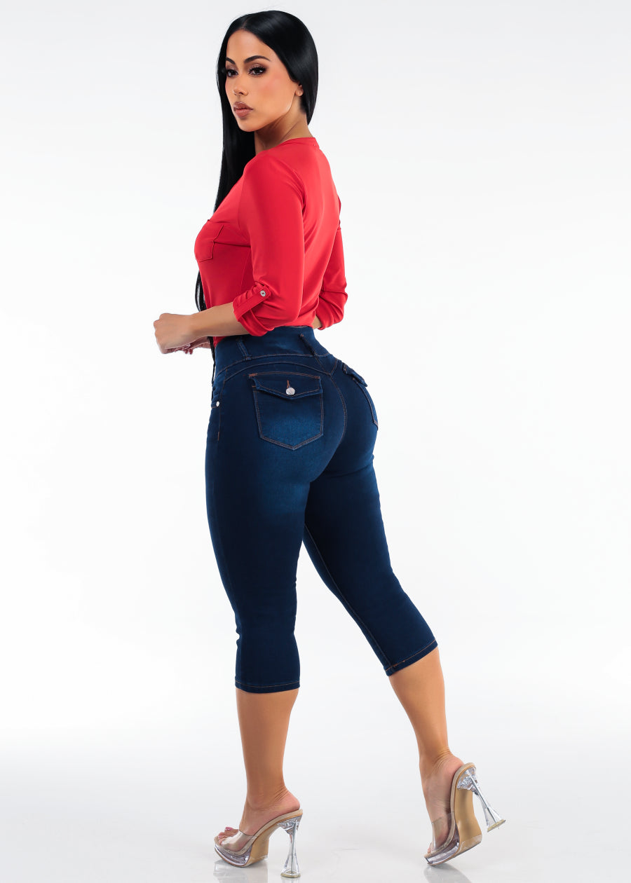 Red Butt Lift Denim Capris Outfit