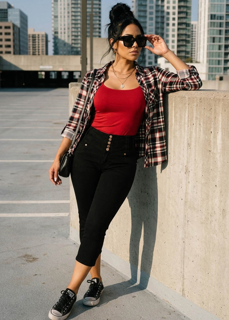 MX JEANS Butt Lift High Waist Black Stretch Denim Capris