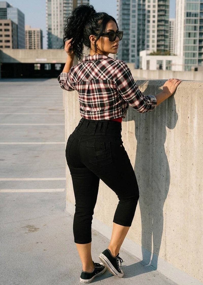 MX JEANS Butt Lift High Waist Black Stretch Denim Capris