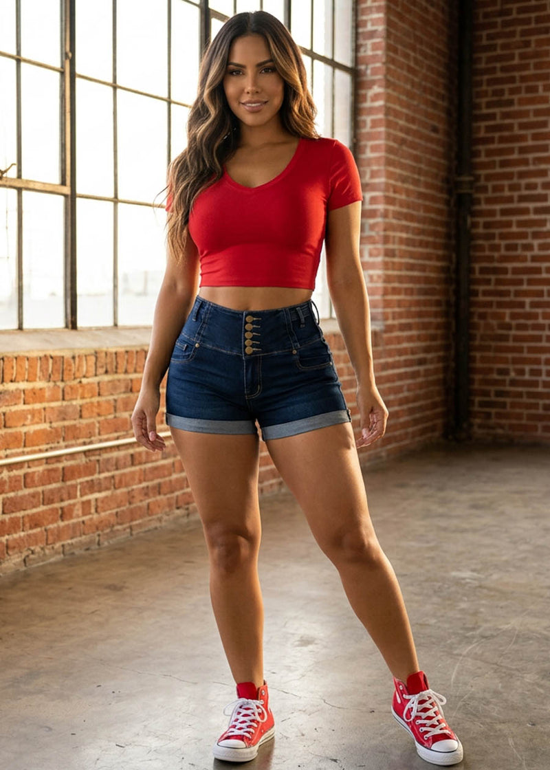Short Sleeve Vneck Crop Top RED