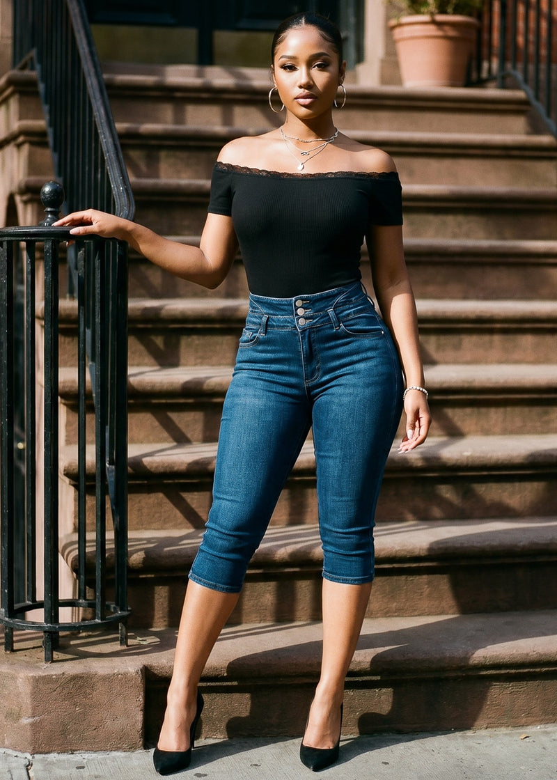 MX JEANS Super High Waist Butt Lift Stretch Denim Capris w Back Pocket Design