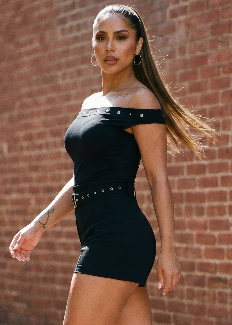 Black Off Shoulder Stretch Top w Studded Neckline