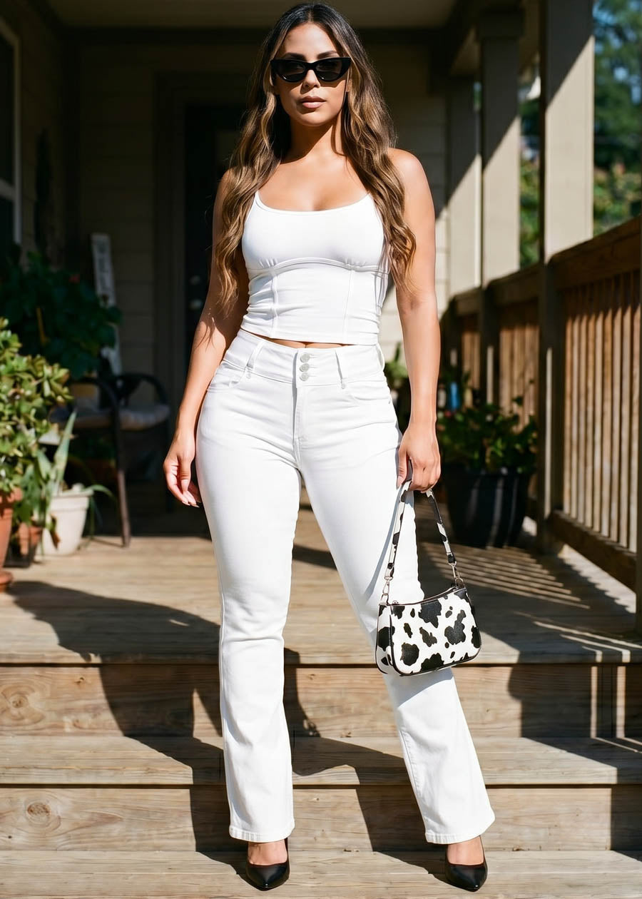 Sleeveless White Bootcut Outfit