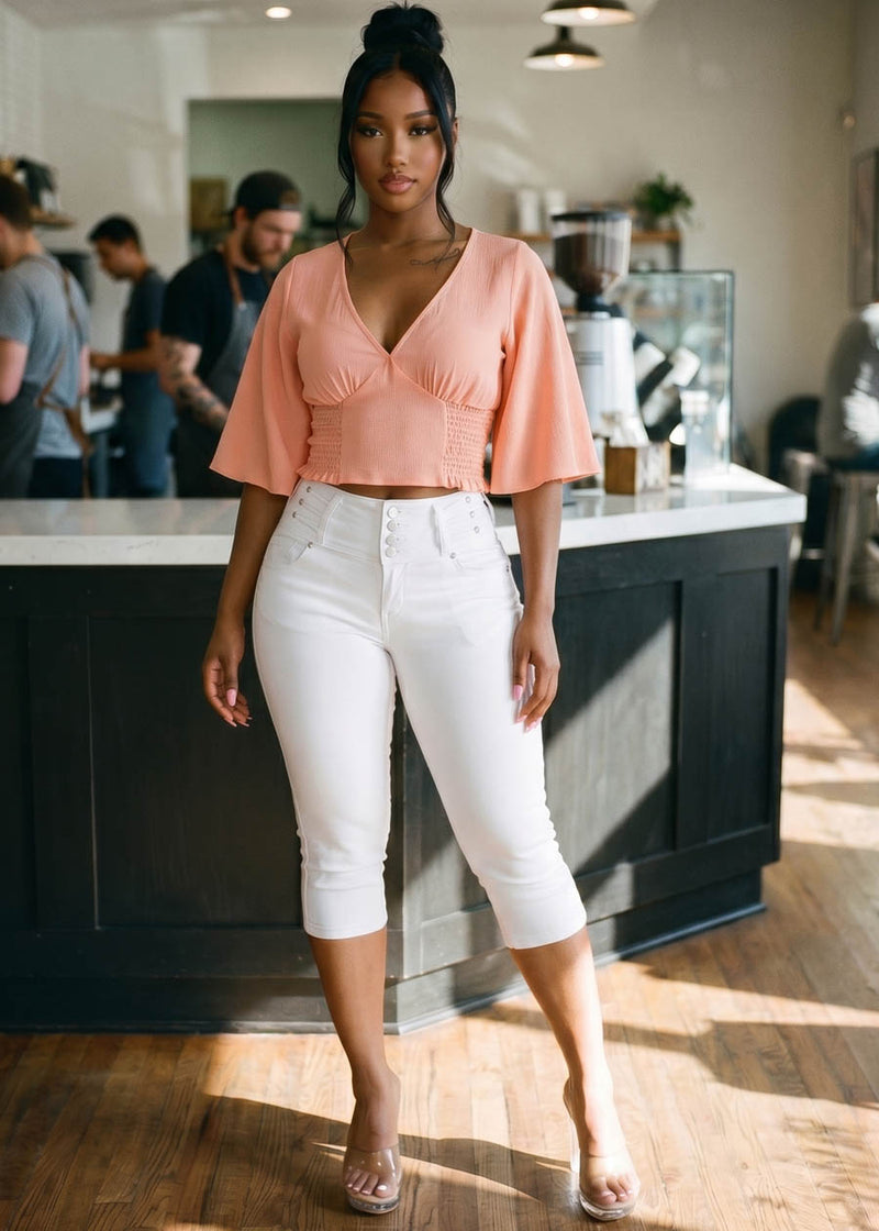 Kimono Sleeve Vneck Smocked Blouse Peach