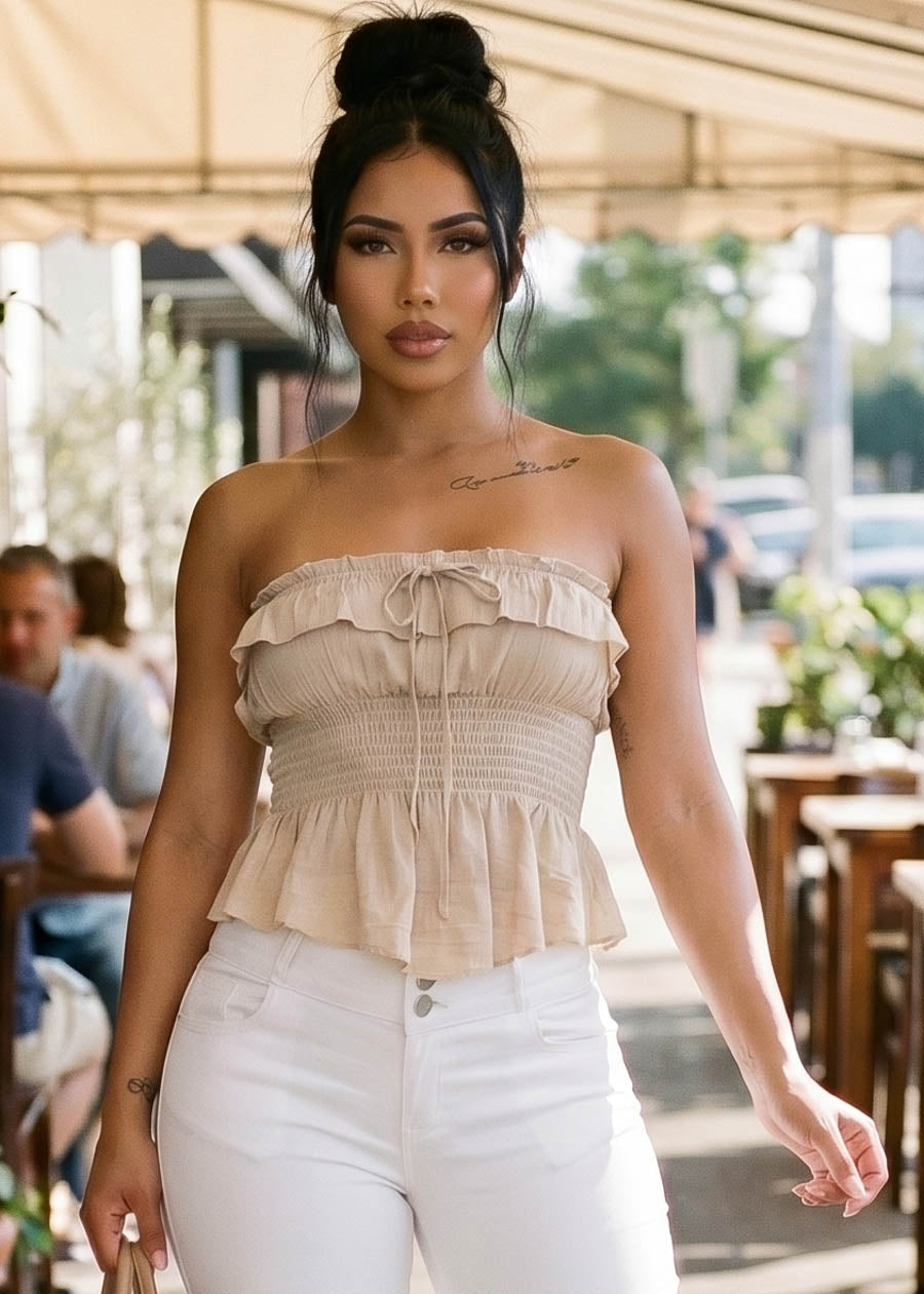 Strapless Ruffle Smocked Stretch Blouse Beige