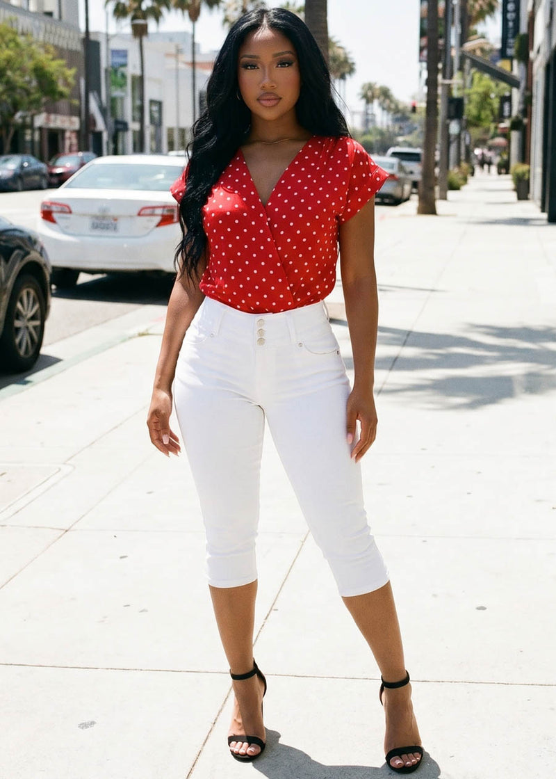 Surplice Short Sleeve Polka Dot Blouse Red