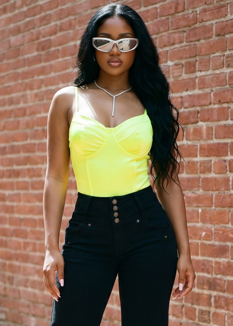 Sweetheart Neck Satin Stretch Thong Bodysuit Neon Yellow