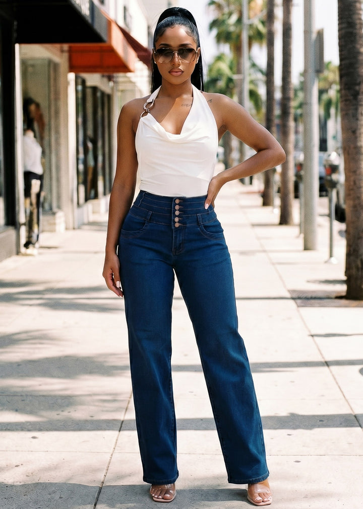 MX JEANS Butt Lift Thick Waist Wide Leg Stretch Jeans Dark Blue