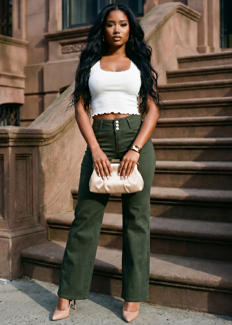 MX JEANS Butt Lift Hyper Stretch Straight Wide Leg Pants Olive